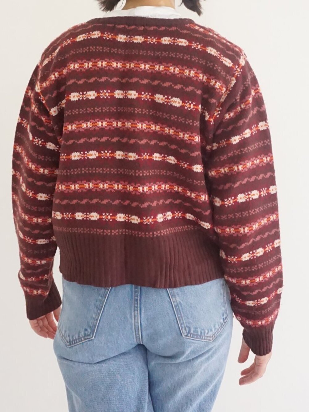 Vintage Stefano Burgundy Fair Isle Nordic Button Front Knit Cardigan M - Picture 2 of 9